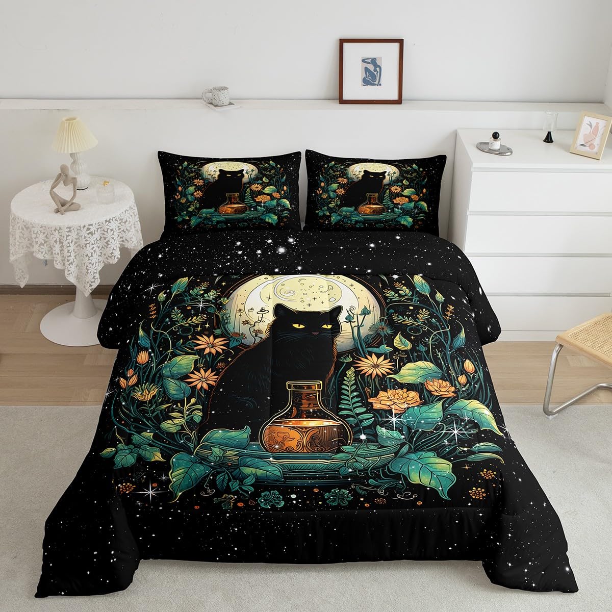 Cute Cat Comforter Set Full Size,Flower Leaves Kids Bedding Set Moon Night Starry Sky Quilt Set for Girls Boys Teens Room Decor,Trippy Pet Animals Plant Duvet Insert,2 Pillowcases,Black