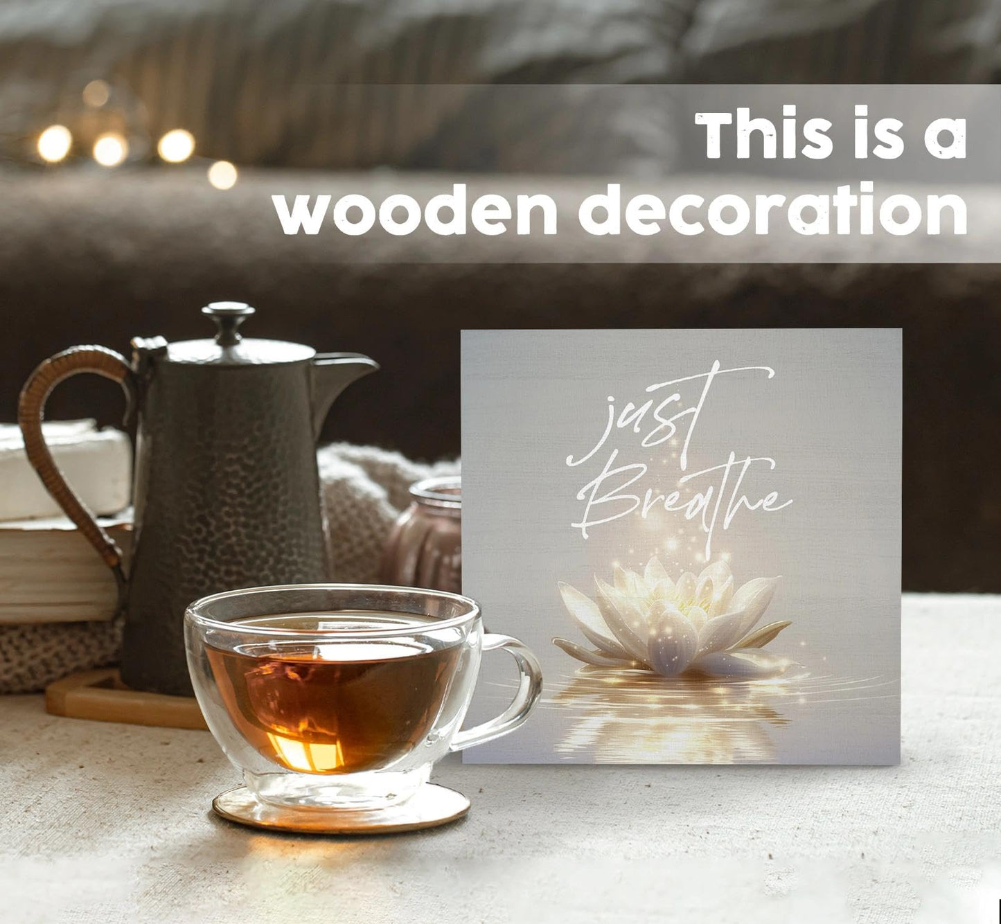 Lotus Flower Meditation Decor Signs, Just Breathe Lily Lotus Flower Room Decorations, Meditation Wood Decoration Home Decor For Zen Yoga Room Bedroom Desk Table Shelf 8x8 Inch Decorative Signs & Plaques