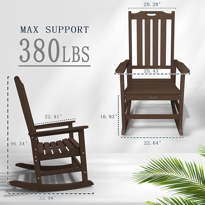 Oversized Rocking Chair Set of 8, Outdoor Rocking Chair for Adults, All Weather Resistant Porch Rocker for Lawn Garden, Brown
