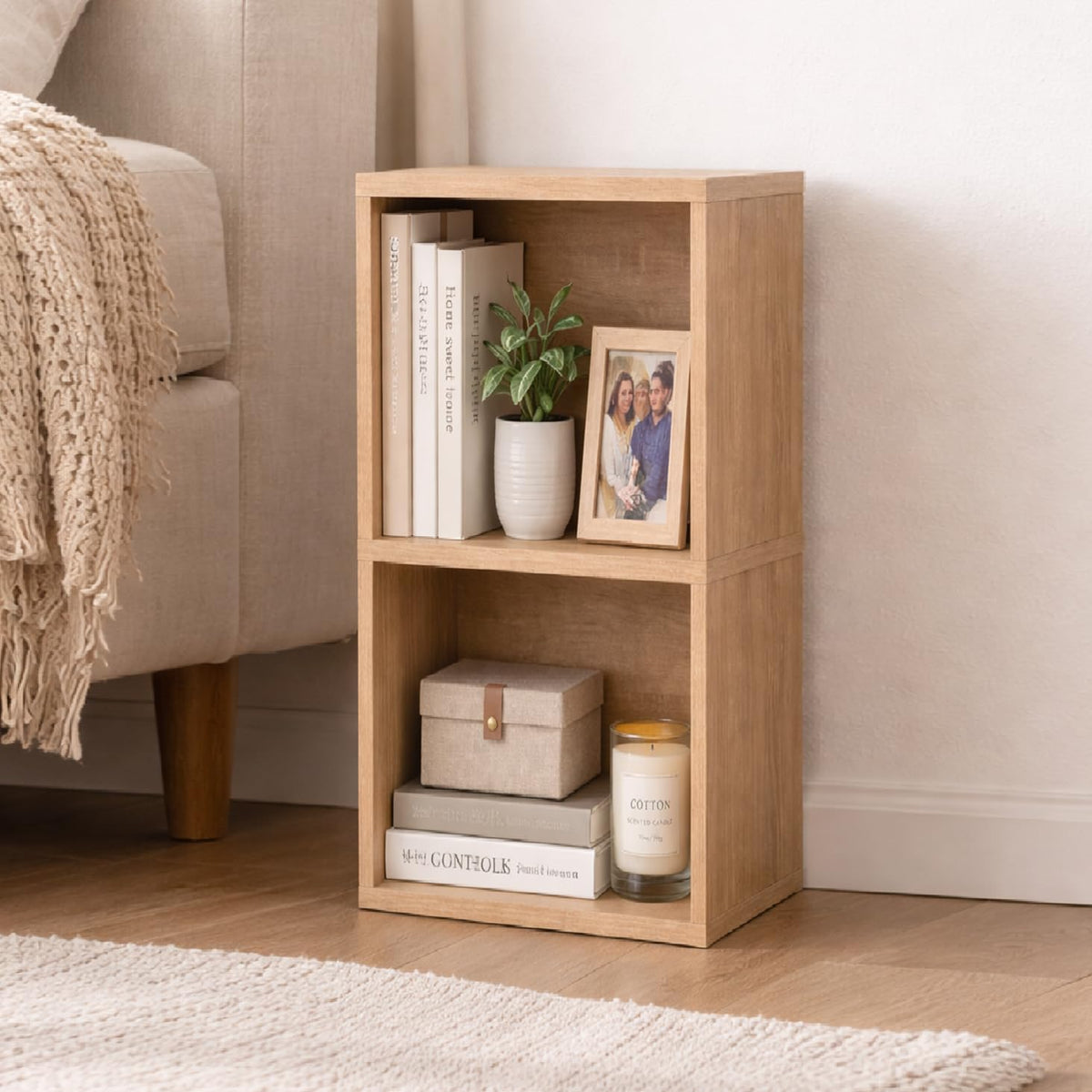 2 Cube Storage Organizer Wooden Bookshelf, 2 Cube Shelf Bookcase, Small Bookshelf Storage Organizer, 2 Cube Storage Shelf for Bedroom, Small Bookshelf for Living Room and Office (Natural, 2 Cube)