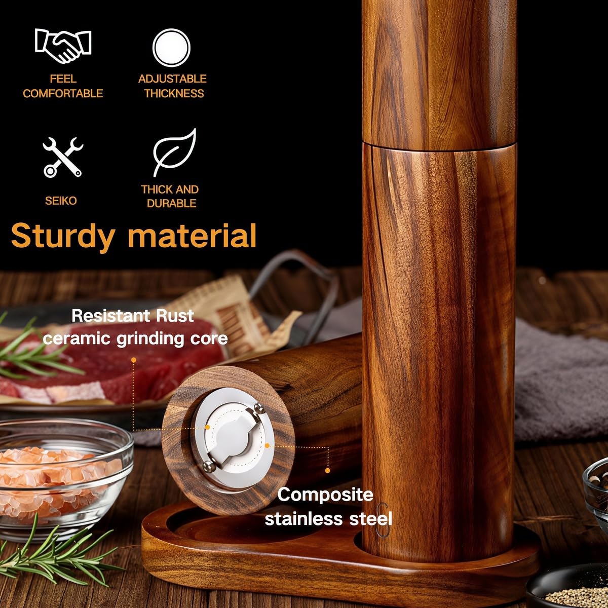 Wooden Salt and Pepper Grinder Set with Tray, 8 Inch Manual Mills, Adjustable Coarseness & Refillable, Gold Bottle Label, Natural Wood for Kitchen, Home, Christmas Gift