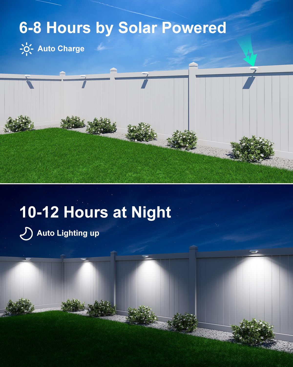 4 Pack White Solar Powered Gutter Lights Outdoor Decorative Waterproof 12 LEDs Yard Lamp for Lighting Fence, Railing, Outside Wall, Deck, Garden, Path, Backyard, Walkway, Patio, Holeless Installation