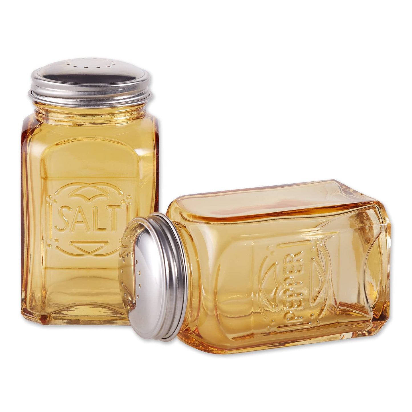 RSVP International Jumbo Retro Glass Salt & Pepper Shaker, Screw On Stainless Steel Lid, Each Shaker Holds 8 Ounces, Amber, 2.25x2.25x4.3, 2 Piece