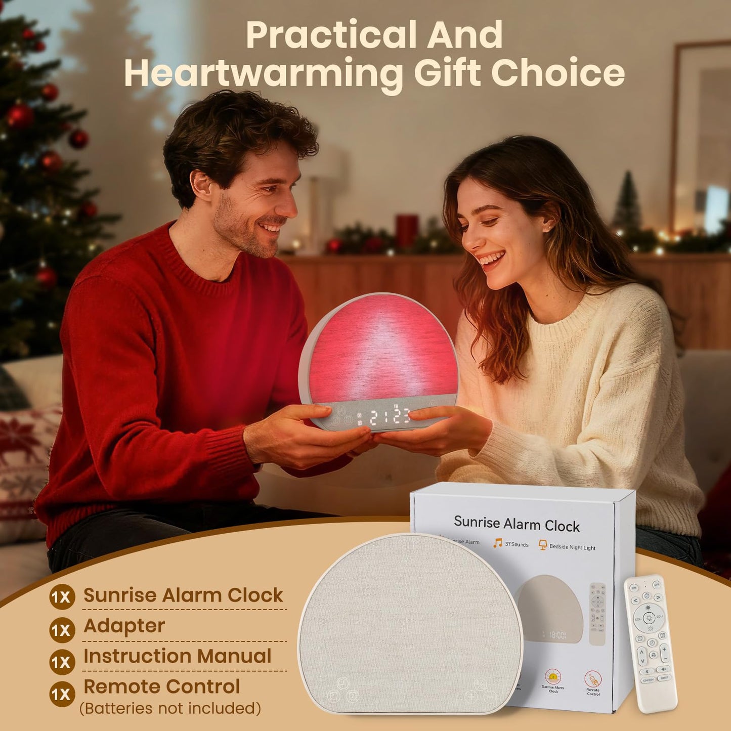 JONRRYIN Sunrise Alarm Clock Tap Snooze, 37 Sounds White Noise Machine Gentle Wake Up Light with Bluetooth, Remote, USB Charging & 15 Color Night Lamp, Sunlight Alarm for Heavy Sleeper Bedroom Gift