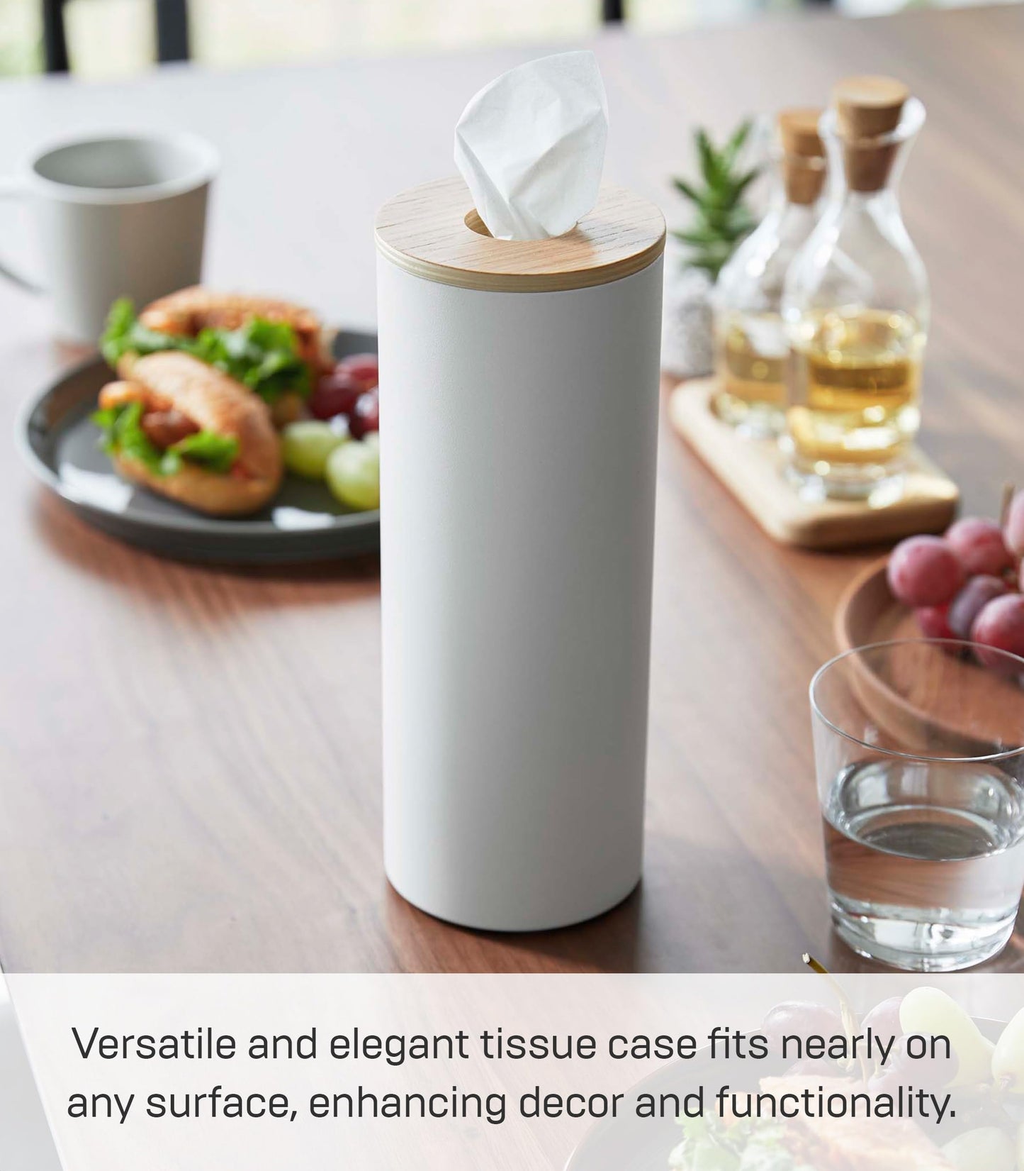 Yamazaki Home Rin Reusable Round Tissue Holder Case, Metal Tissue Container with Wooden Lid - Large - Steel + Wood