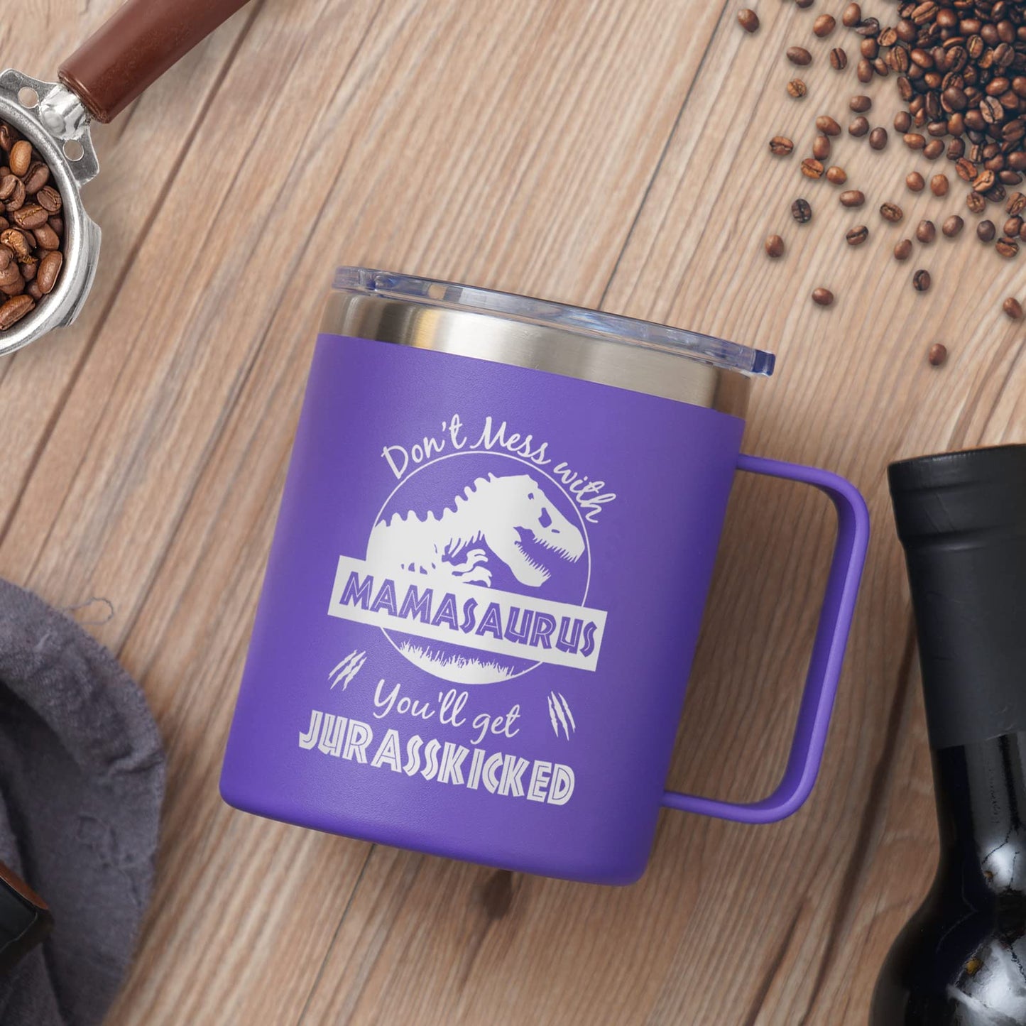 NOWWISH Funny Christmas Gifts for Mom, Mamasaurus Mug 14oz with Lid, Keeps Coffee/Wine Hot Cold, Unique Stocking Stuffer for Wife from Husband/Kids