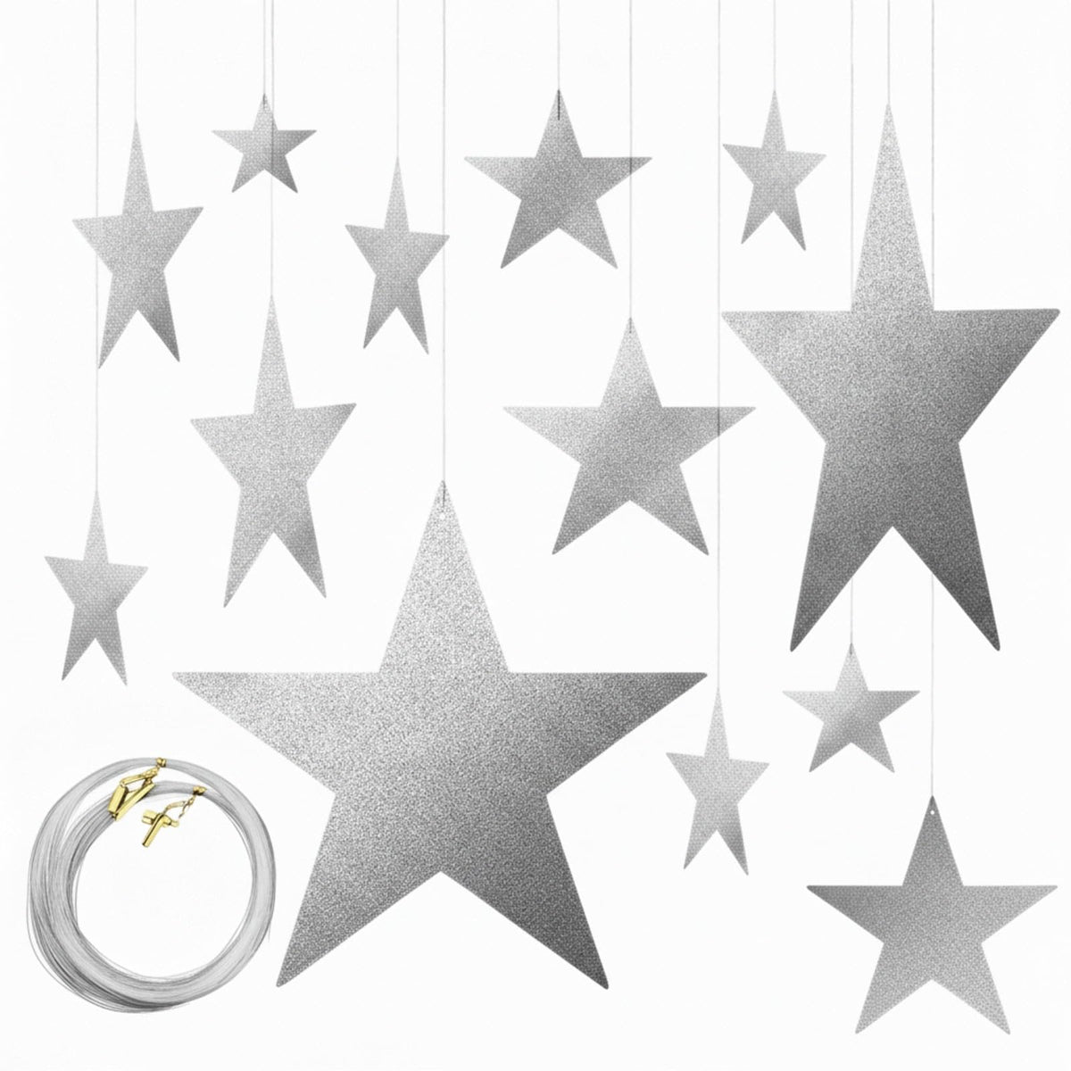 Boao 144 Pieces Silver Stars Shaped Cutouts Silver Cardboard Stars 4 Sizes 6cm/12cm/20cm/30cm Hanging Glitter Garlands with Nylon String for Wedding Birthday Party Graduation Classroom Wall Decor