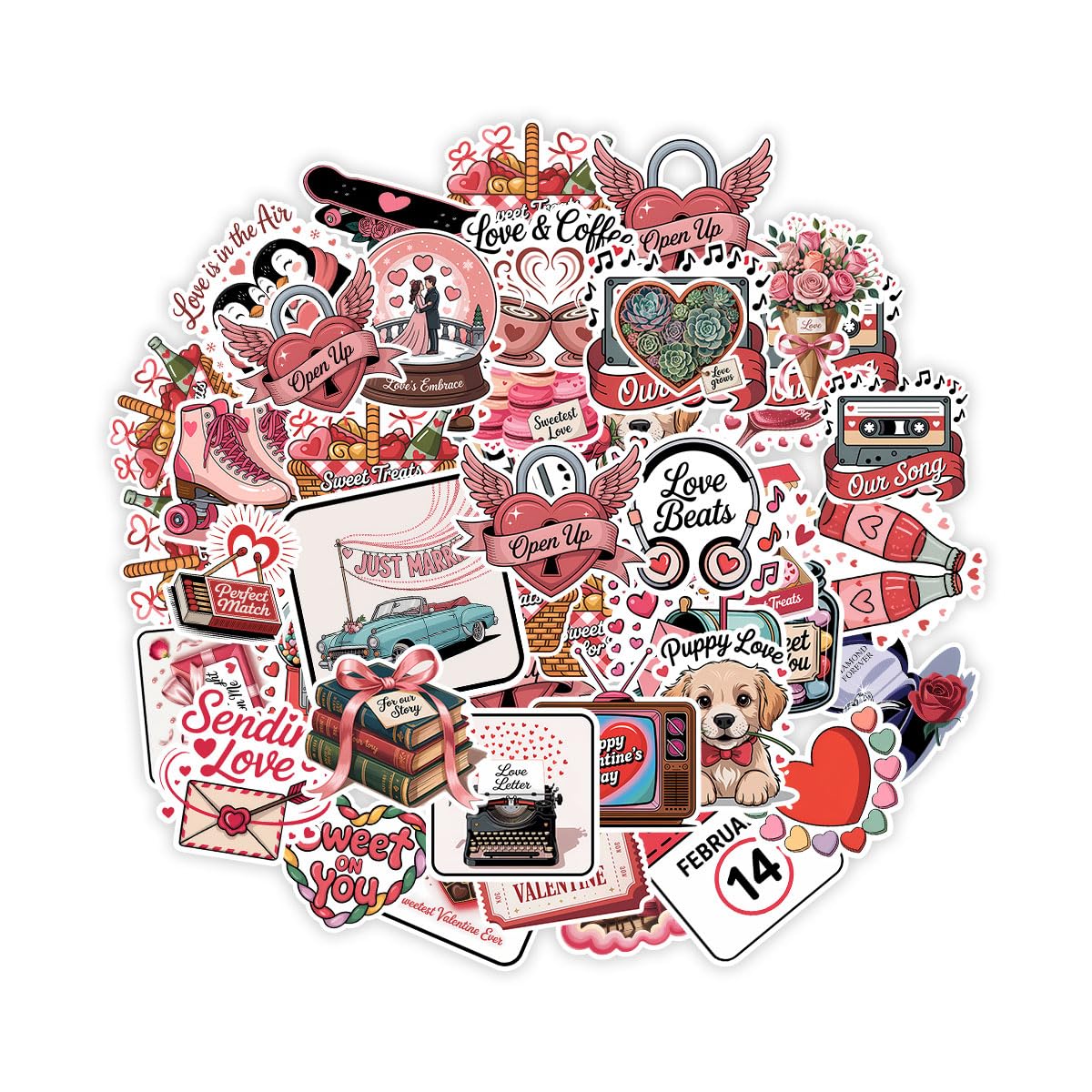 60Pcs Valentine's Day Sticker Pack – Cute Love-Themed Stickers with Hearts, Roses, Bears, Candy, Music, and Sweet Quotes – Perfect for Scrapbooking, Journaling, Gifts, and Valentine's Decorations