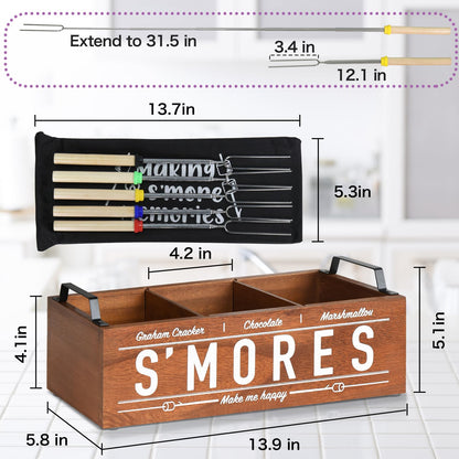S'Mores Station, Farmhouse Smores Caddy with Handles, Smores Kit for Fire Pit Smores Maker Box, Smores Bar Station with 5Pcs Extendable Marshmallow Roasting Sticks, Camping Essentials Gear Accessories