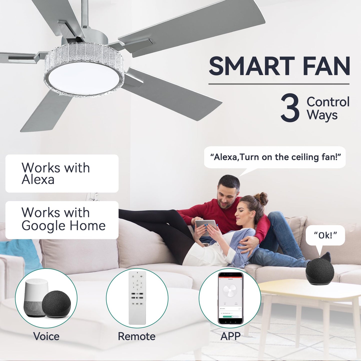 YITAHOME 52 Inch Chandelier Ceiling Fans with Lights and Remote/App, Smart Ceiling Fans Compatible with Alexa, Reversible Quiet DC Motor, Dual Finish Blades, Dimmable Lighting for Living Room, Nickel