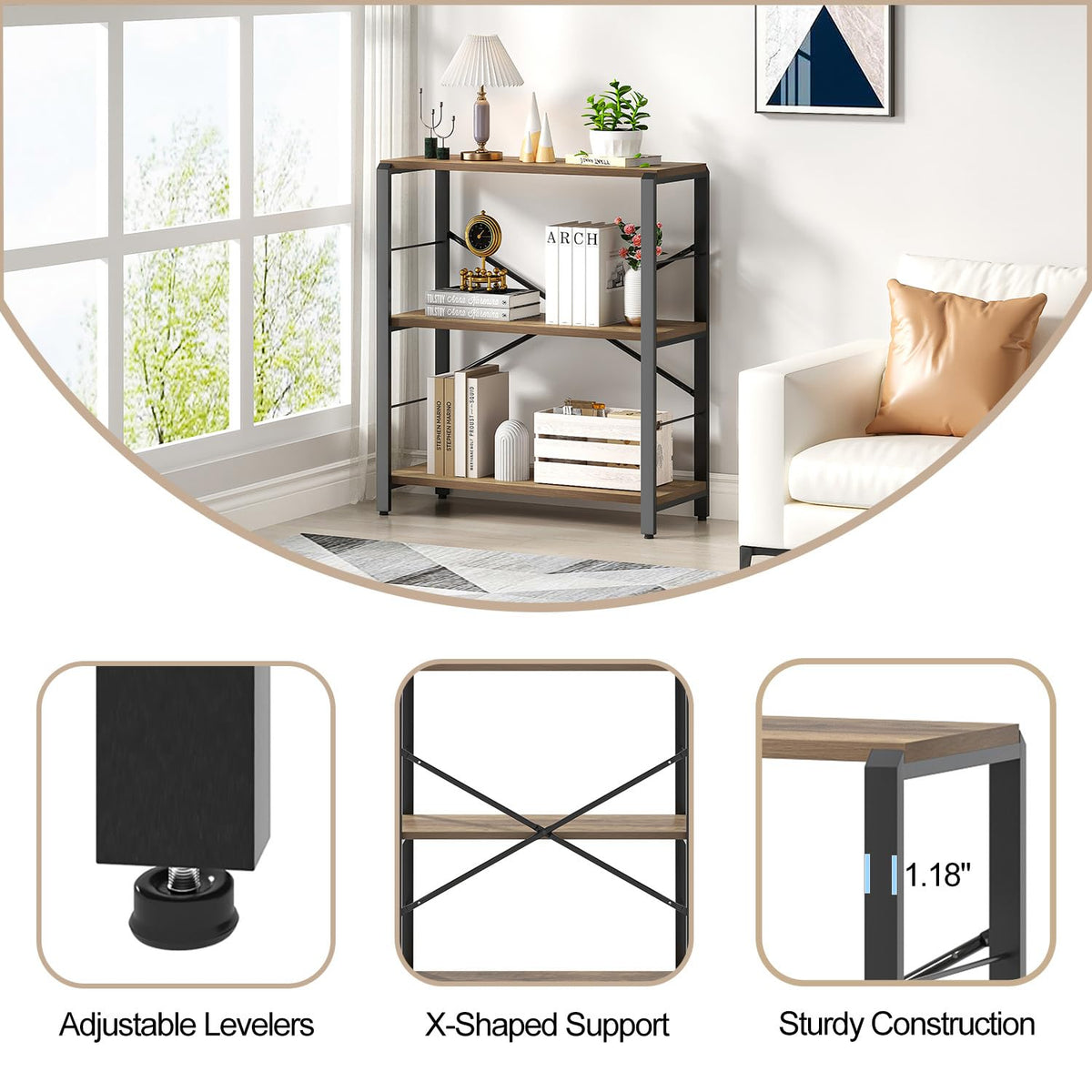FOLUBAN Small Bookshelf, 3 Tier Open Book Shelf, Rustic Wood and Metal Shelving Unit for Small Space, Oak
