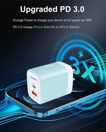 3pack Dual Port USB C Power Adapter, Usbc Pd 3.0 with USB A Qc 3.0 Fast Charging Block for Apple iPhone, Samsung Galaxy, Google Pixel, Moto, Kindle Fire, Ps5, Earbuds, Watches, Wireless Pad Brick Box