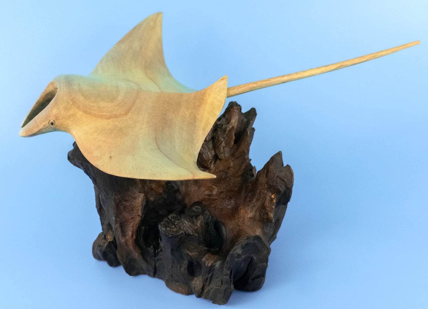 G6 Collection 10" Handmade Wooden Stingray on Coral Figurine, Hand-Carved Ocean Fish Decor, Coastal Marine Sculpture, Nautical Beach House, Exotic Sea Life Carving, Unique Coral Reef Art (10" Long)