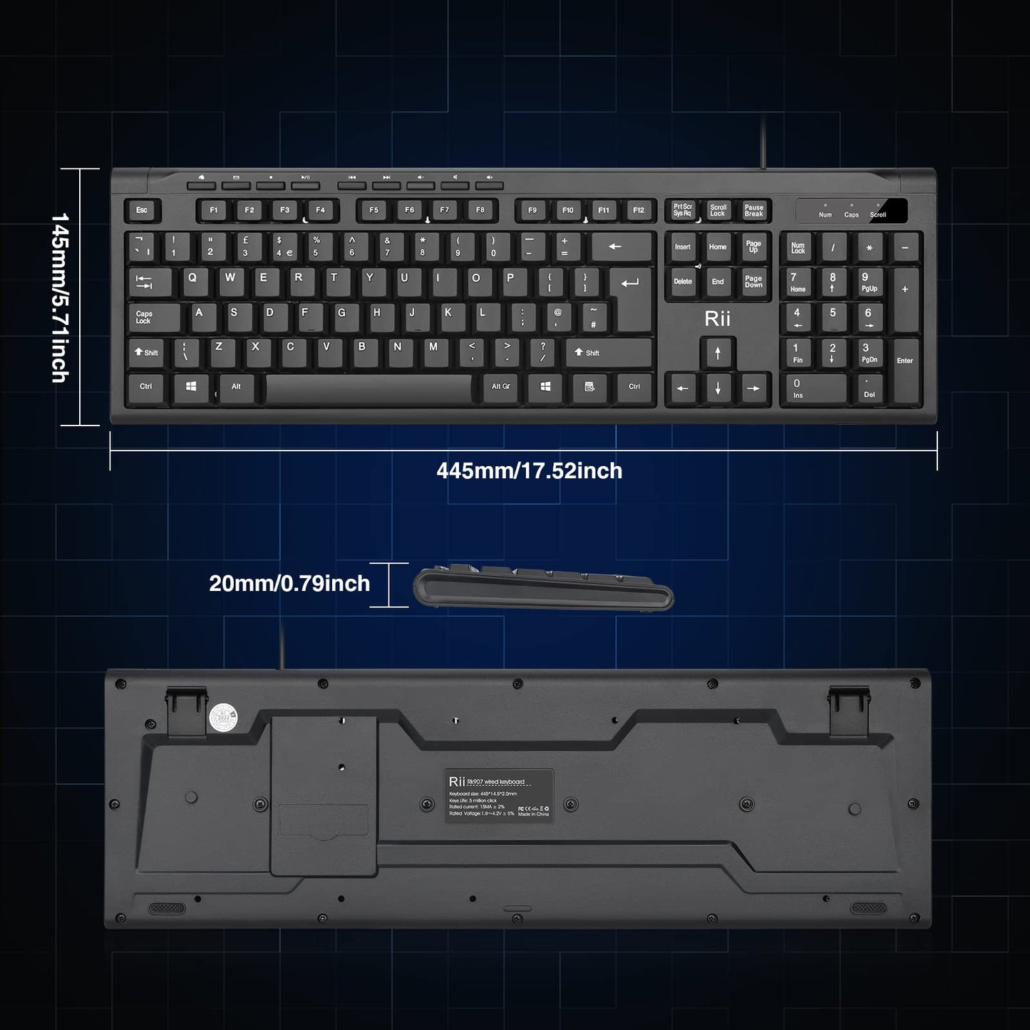 Rii RK907 USB Wired Keyboard Full Size Office Keyboard Compatible with Mac PC Tablet Windows Android Microsoft UK Layout