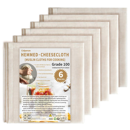 Colperun Cheese Cloths for Straining, 6Pack, Grade 100, 50x50cm Hemmed Muslin Cloths for Cooking Reusable Cheesecloth, Unbleached Cotton Cheese Cloth Muslin Fabric Strainer for Jam, Butter, Bread