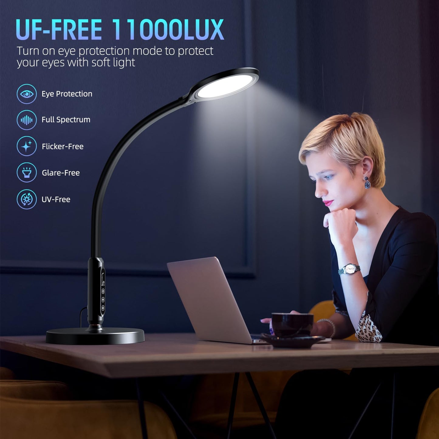 FBBJFF Happy Light Therapy lamp 11000 Lux, LED UV-Free Sunlight lamp,Full Spectrum Happy Therapy lamp with 10 Adjustable Brightness Levels, 2 in 1 Retractable Floor Sad Lamp (Black)