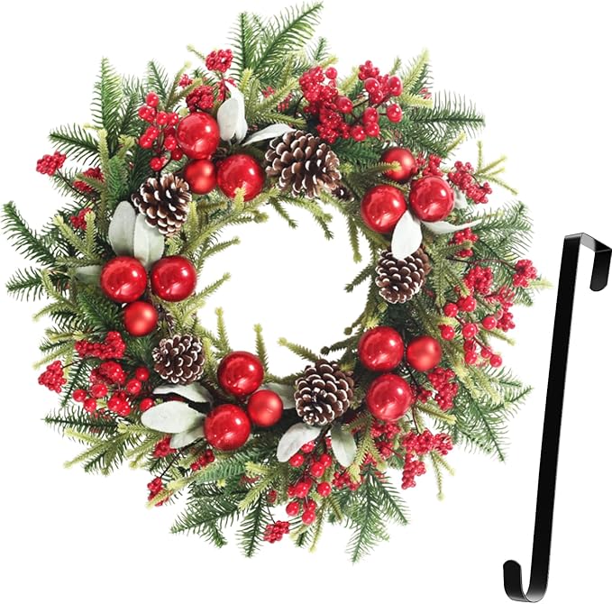 Super Holiday Artificial Christmas Wreath, Front Door Wreaths Decorations for Home, Party, Holiday, Thanksgiving, Xmas Decor - with Wreath Hanger, Green/Red