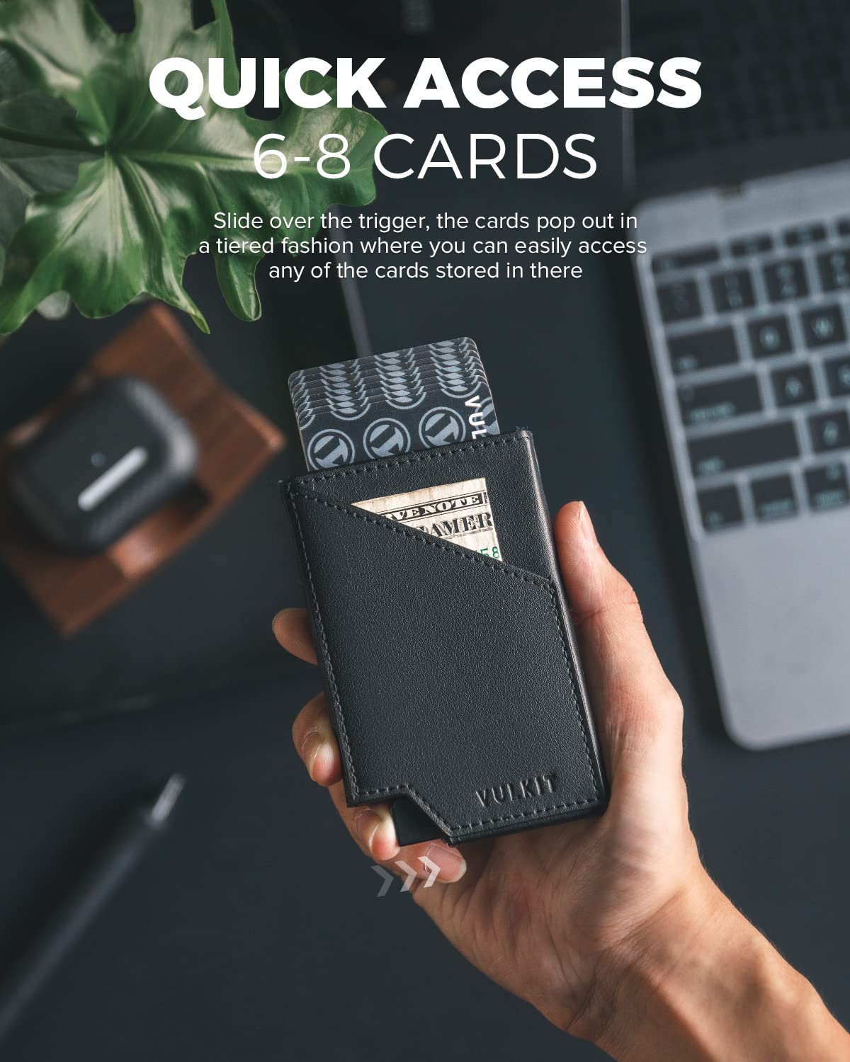 VULKIT Pop up Card Wallet RFID Blocking Slim Aluminum Metal Bank Card Holder Case with Business Money Pocket for Credit Cards Notes and Coins