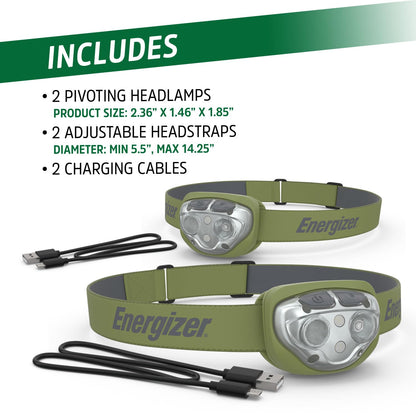 Energizer PRO-400 Headlamp Rechargeable (2-Pack), IPX4 Water Resistant Rechargeable Headlamp, Ultra Bright Multiple Light Modes Head Lamp, Camping, Running, Outdoors, Emergency Light, USB Included
