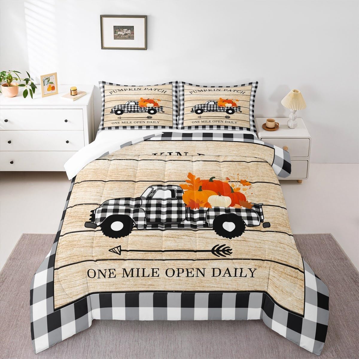 Homewish Pumpkin Grid Truck Bedding Set Queen Size,Rustic Farmhouse Comforter Set Kids Boys Girls Room Decor,Autumn Plants Themed Quilt Set Halloween Style Duvet Insert 3pcs with 2 Pillowcases