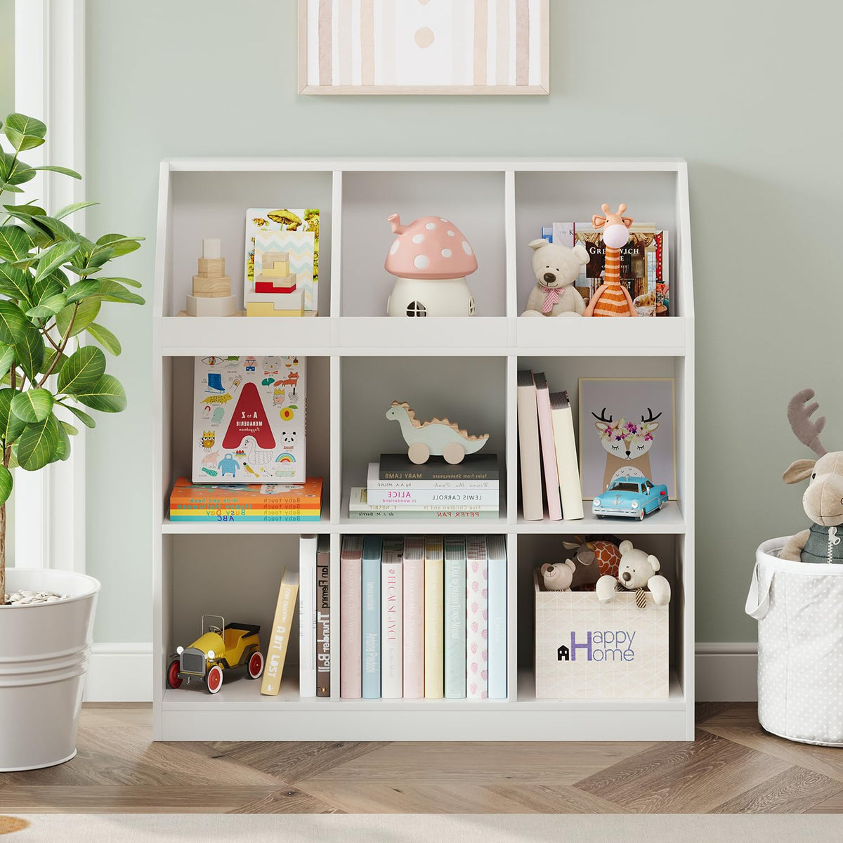 NELYE 9-Cube Wooden Storage Bookcase - 11-Inch Open Shelf Cabinet, Simple Modern Bookshelf Organizer for Home Office, Living Room, White