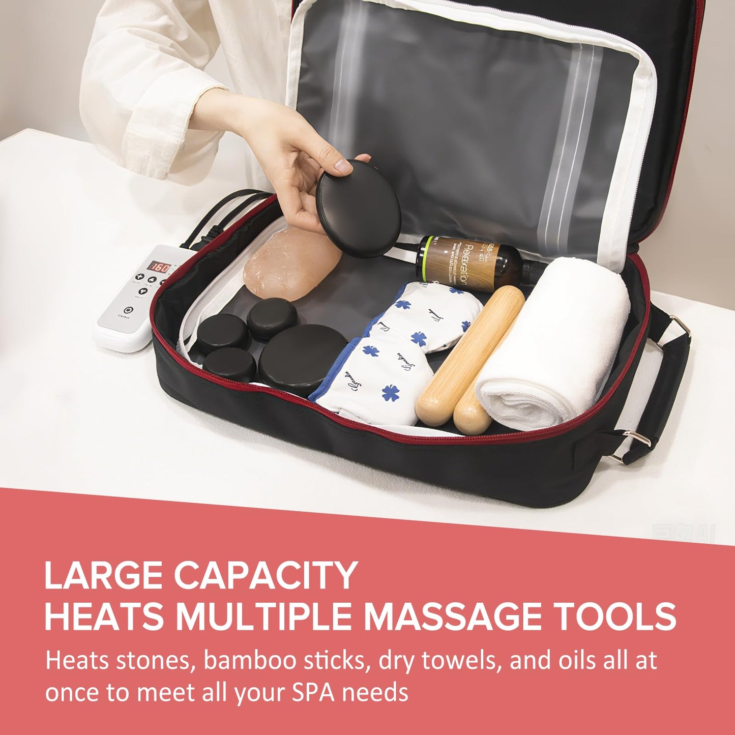 Goodtar Hot Stone Massage Warmer with Temp Control, Double Side Heating Massage Stone Heater, Electric Hot Stones Warmer for Professional/Home Spa, Portable Heating Travel Bag (Black)