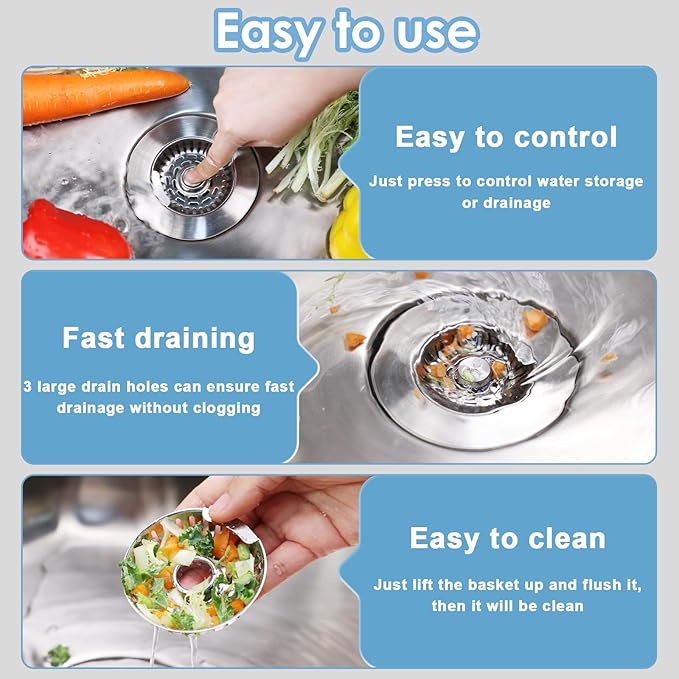 Semour 3 in 1 Kitchen Sink Drain Strainer, 304 Stainless Steel Kitchen Sink
