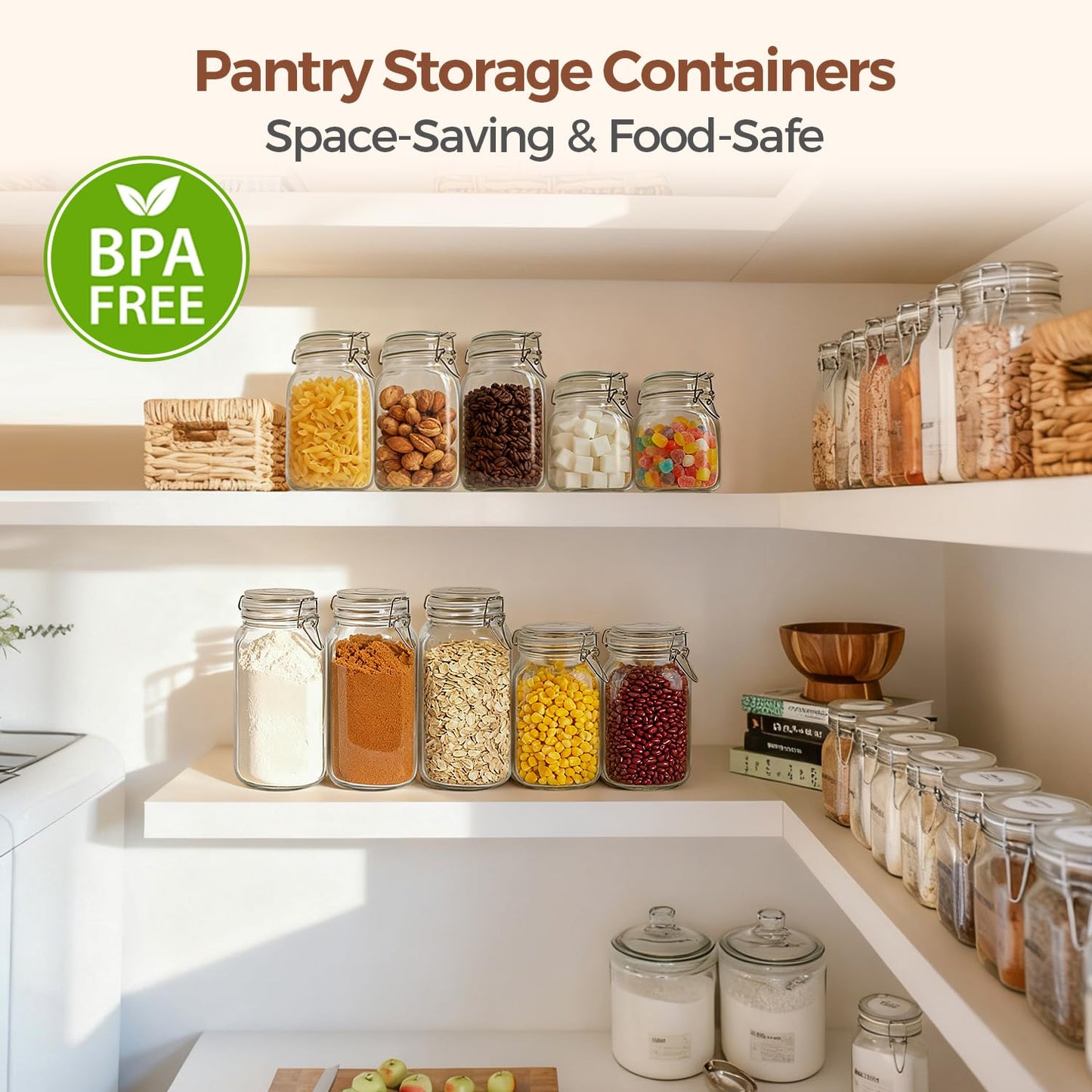ComSaf 3-Pack 78oz Large Square Airtight Glass Jars for Bulk Food, Holds a 4lb Bag of Sugar or 5lb of Rice, Wide Mouth Canister for Flour, Coffee & Pantry Organization
