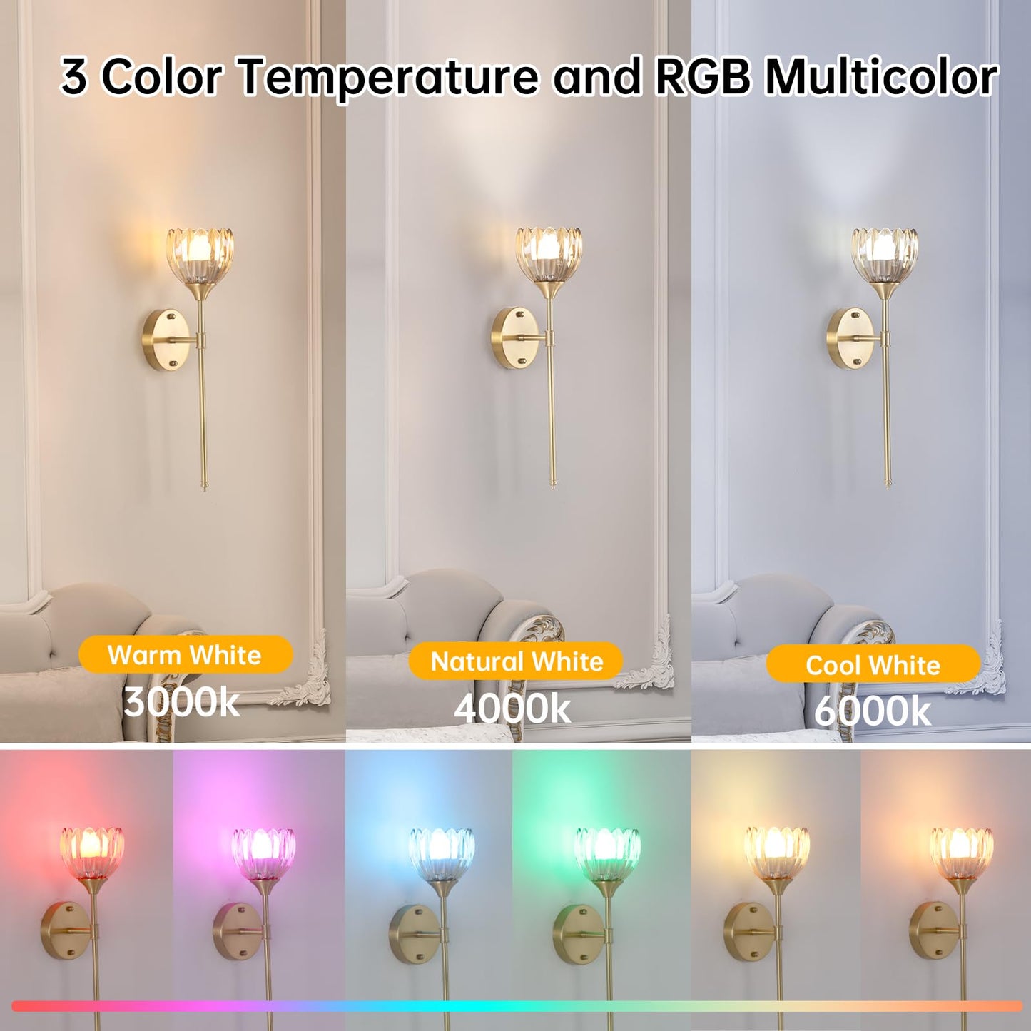 Shenmoyl Battery Operated Wall Sconce Set of 2, Amber Tulip Vintage Wall Light Fixture Rechargeable 5000mAh Battery Powered Wall Lamp with Remote for Living Room Bathroom