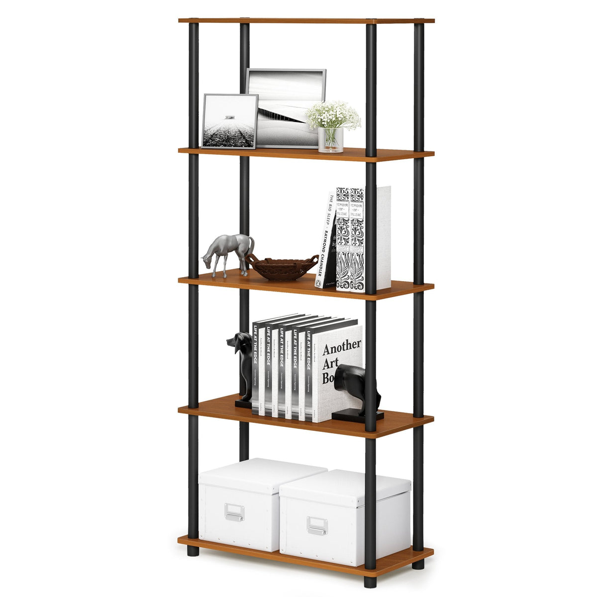 Furinno TURN-N-TUBE Storage Shelves, 5-Tier Book Shelf, Corner Shelf, Toolless Open Shelves, for Organization and Storage, Living Room, Garage, Home Office, Light Cherry