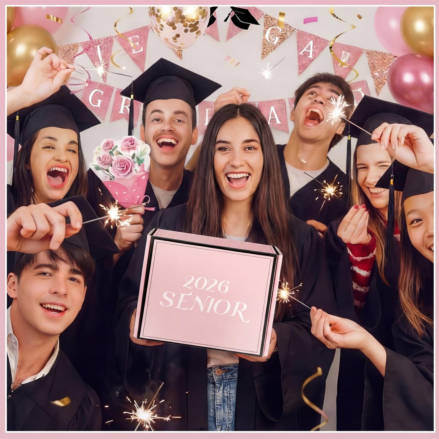 Remerry 9 Pcs 2026 Senior Graduation Gifts Set Pink Graduation Gift Basket Glass Cup Keychain Cosmetic Bag Bracelet Scented Candle with Box for College High School for Women Daughter Sister Friend