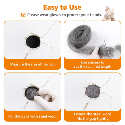 PICK FOR LIFE Steel Wool Mice Blocker 2 Pack 0000 Coarse Wire Wool Mice for Cleaning Rodent Control Gap Hole Filler Keep Rodent Rat Insect Pest out for Attic Garden Kitchen Garage with Gloves(3m/Roll)