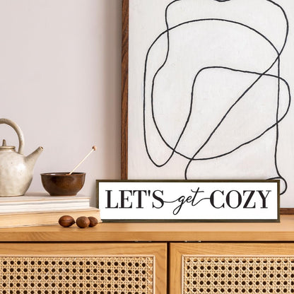 Let's Get Cozy Sign, Framed Wood Sign for Housewarming Gift, Farmhouse Country Wall Signs, Home Wall Decor Wood Framed, Wooden Box Sign Desk Décor, Tiered Tray Decor, Cozy Wall Art