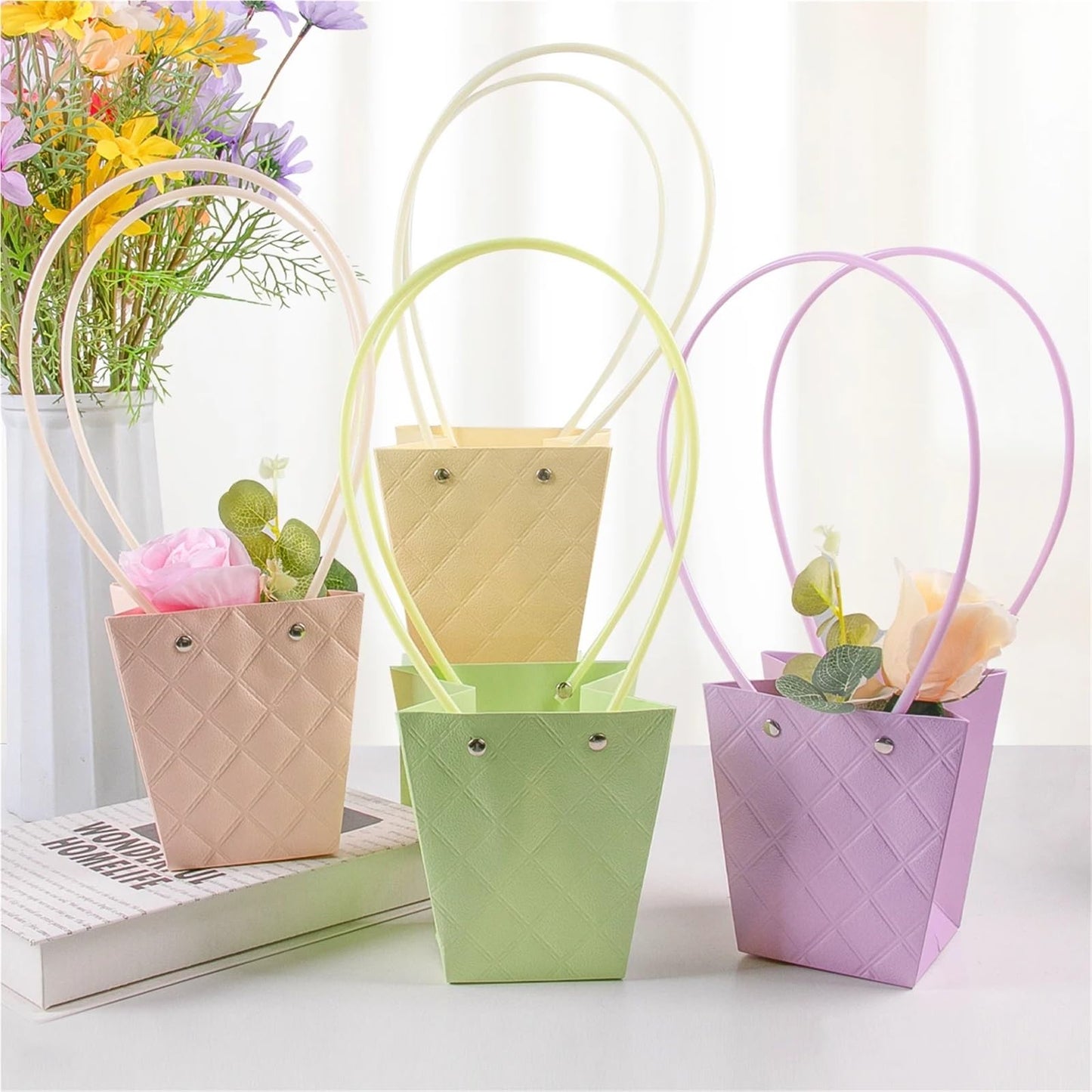 Nikeg Kraft Paper Flower Gift Bags 15Pcs Paper Flower Gift Bag With Handle Rectangle Tote For Wedding Party Birthday Portable Bags Florist Wrap(Flower box style-A)