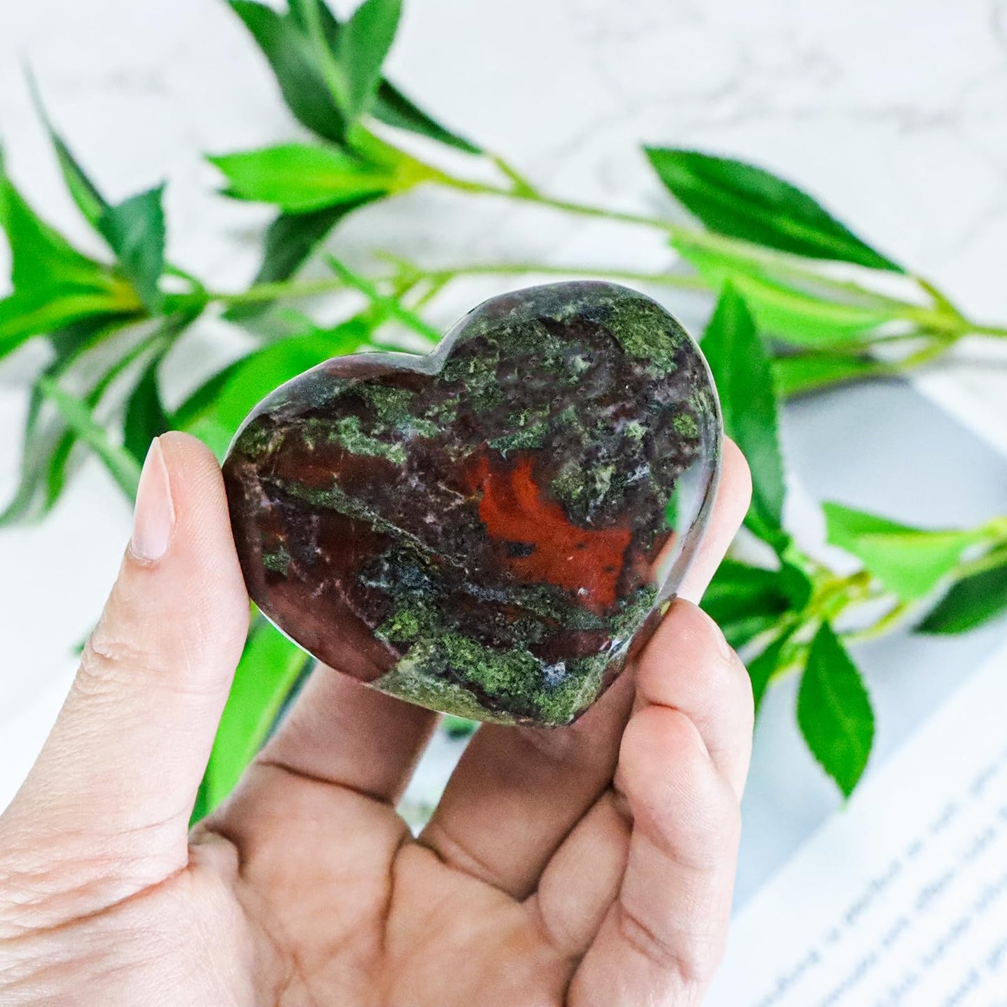 SMQ 60mm Dragon Blood Jasper Heart Crystal Worry Stone for Anxiety Large Polished Natural Healing Crystals Reiki Heart Rock for Healing,Meditation & Home Decor