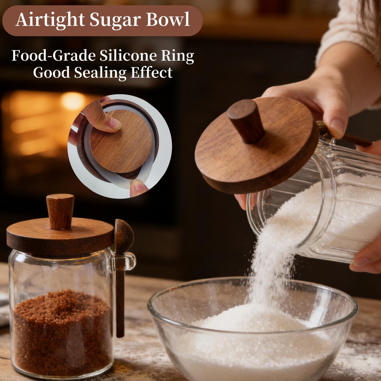 BUITLU Sugar Bowl with Lid and Spoon,20 oz Sugar Container for Coffee Bar, Glass Coffee Canister, Airtight Food Storage Jar, Brown Sugar Container, Cereal Tea Salts Spice Jar（Stripe）