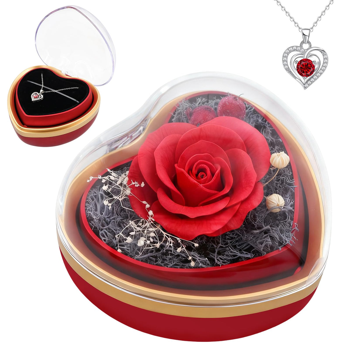 Eternal Real Rose Dainty Love Pendant , Preserved Red Rose Gift Box with Heart Necklace, Gifts for Women, Mom, Wife, Gifts Idea on Valentine's Day, Mother's Day, Birthday, Anniversary, Thanksgiving