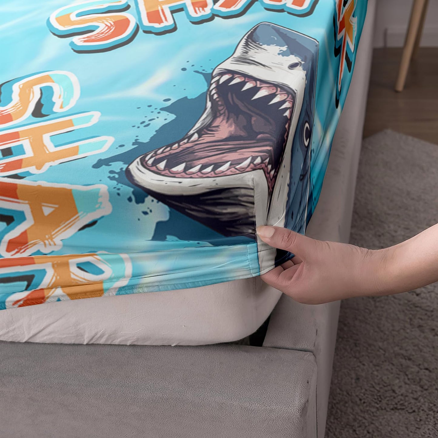HOSIMA Shark Fitted Sheet Set Twin Size,3D Shark Pattern Ocean Theme Twin Bedding Set for Kids Boys,Sea Animal Collection Deep Pocket for Ocean Bedroom Decor,1 Fitted Sheet+2 Pillowcases.