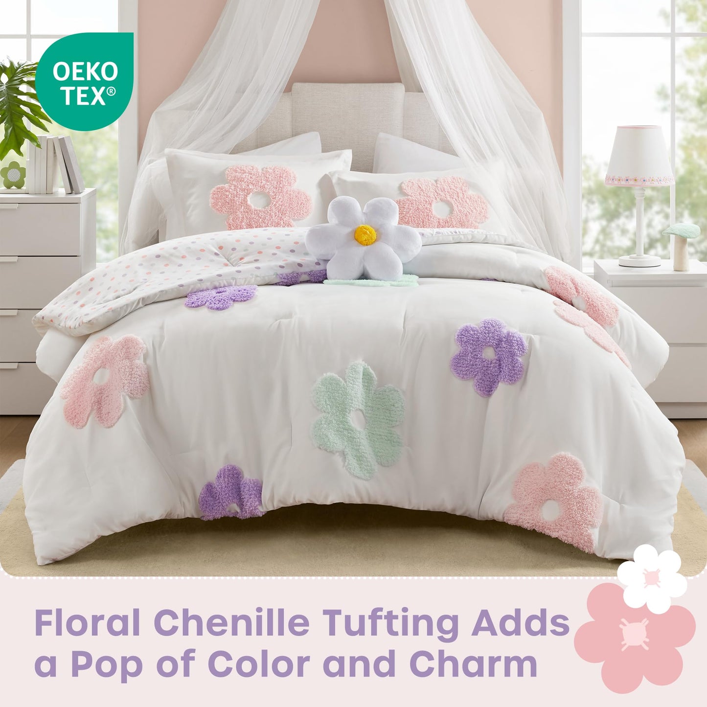 Intelligent Design Kids Full Comforter Set for Girls, Tufted Chenille Floral Comforter Set Queen, Lightweight Polka Dot Reversible Bed Set, Shams, Pillow, Gracie, Full/Queen White/Purple 4 Piece