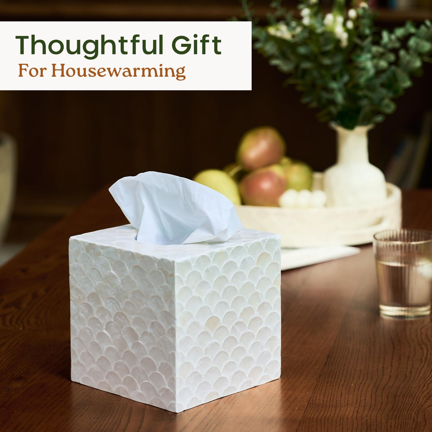 CHI AN HOME 5.5” Capiz Tissue Box Cover, Square Decorative Tissue Holder with Bottom Slider, Handmade Bathroom Accessories, Elegant White Cube for Vanity, Bedroom, Office & Coastal Décor (Natural)