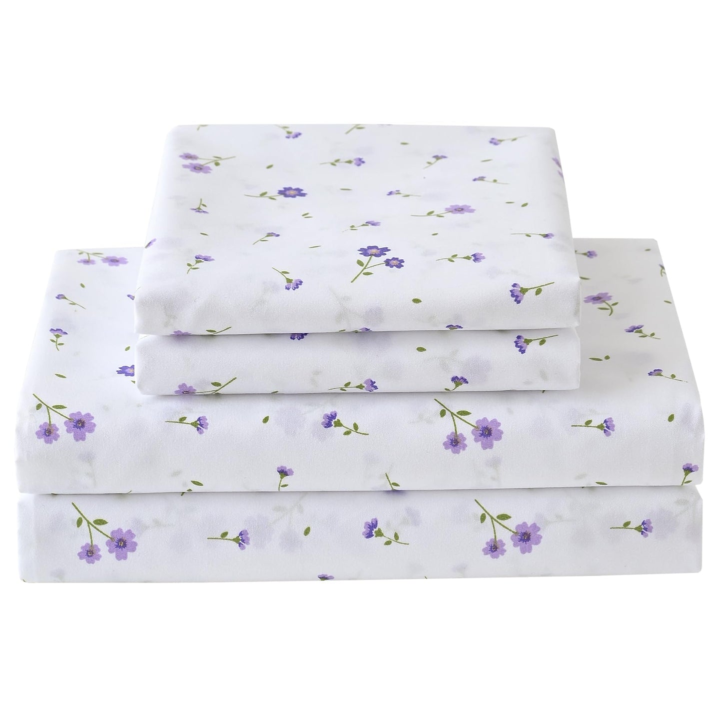 Softan Purple Floral King Bed Sheet Set, Cozy Microfiber Patterned Fitted Sheets with 15" Deep Pocket & Non-Slip Straps, Cute Purple Flower Printed Sheets & Pillowcase Set King