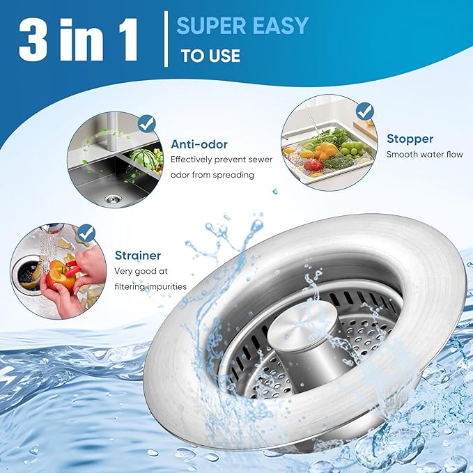 Sink Drain Strainer Kitchen Sink Drain Strainer&Sink Stopper, Stainless Steel