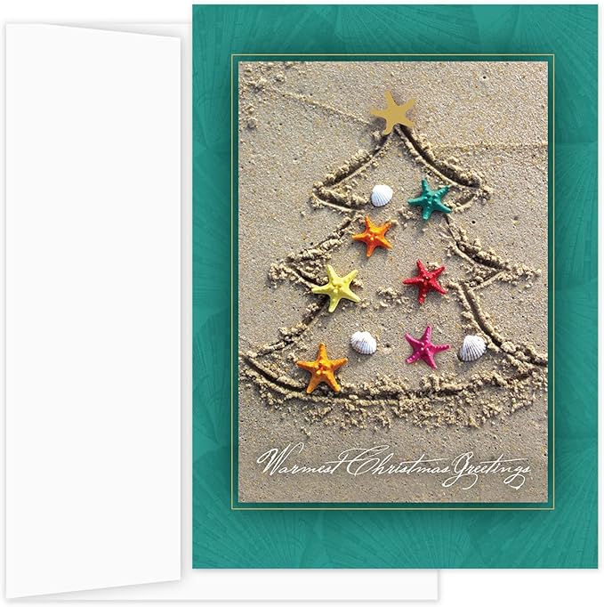 Masterpiece Sand Tree Cards / 16 Christmas Holiday Cards Set With Gold Foil And White Envelopes / 5 5/8" x 7 7/8" Winter Warm Wishes Greeting Cards With Meaningful Inside Verse