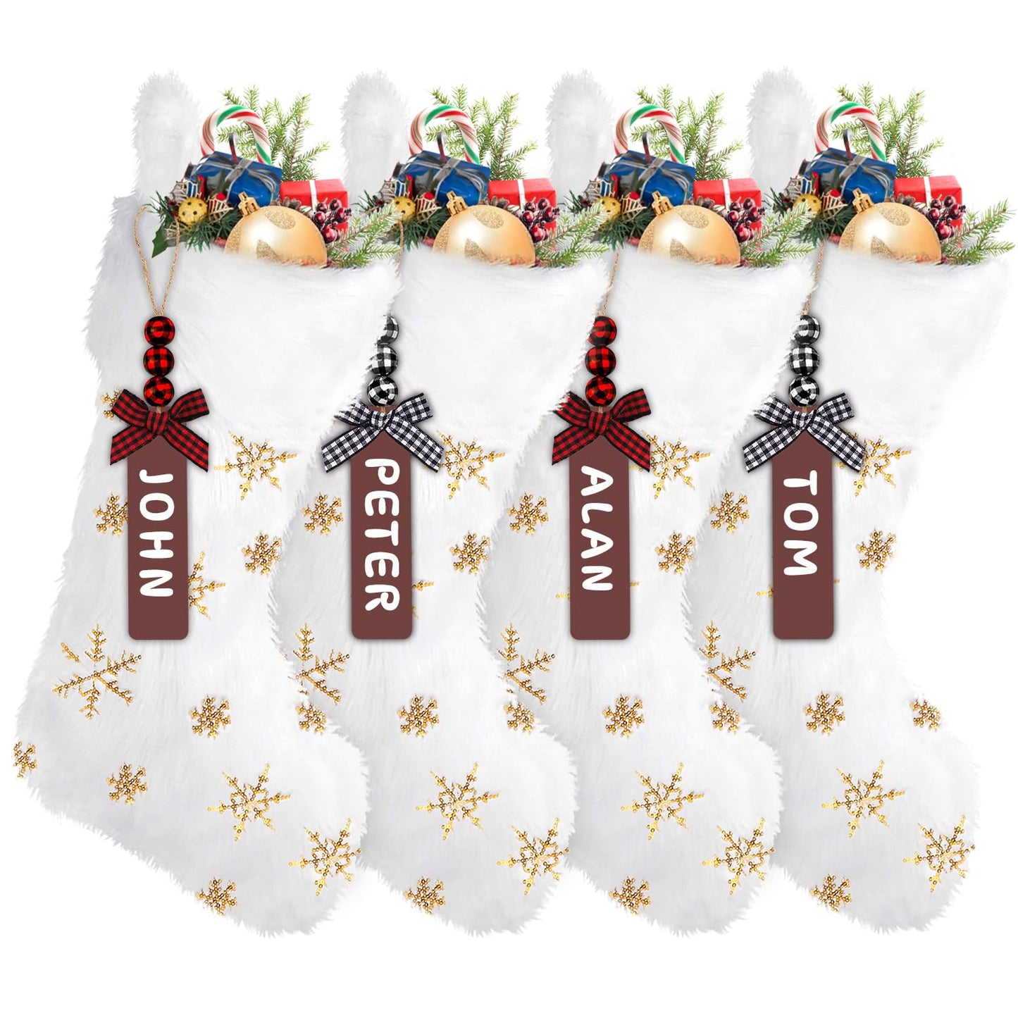 XIMISHOP 4 Pack Christmas Stockings, 18 Inch Large Faux Fur Sequin Snowflake Christmas Stockings，Snowy White Xmas Stockings Hanging Ornaments for Christmas Holiday New Year Decorations