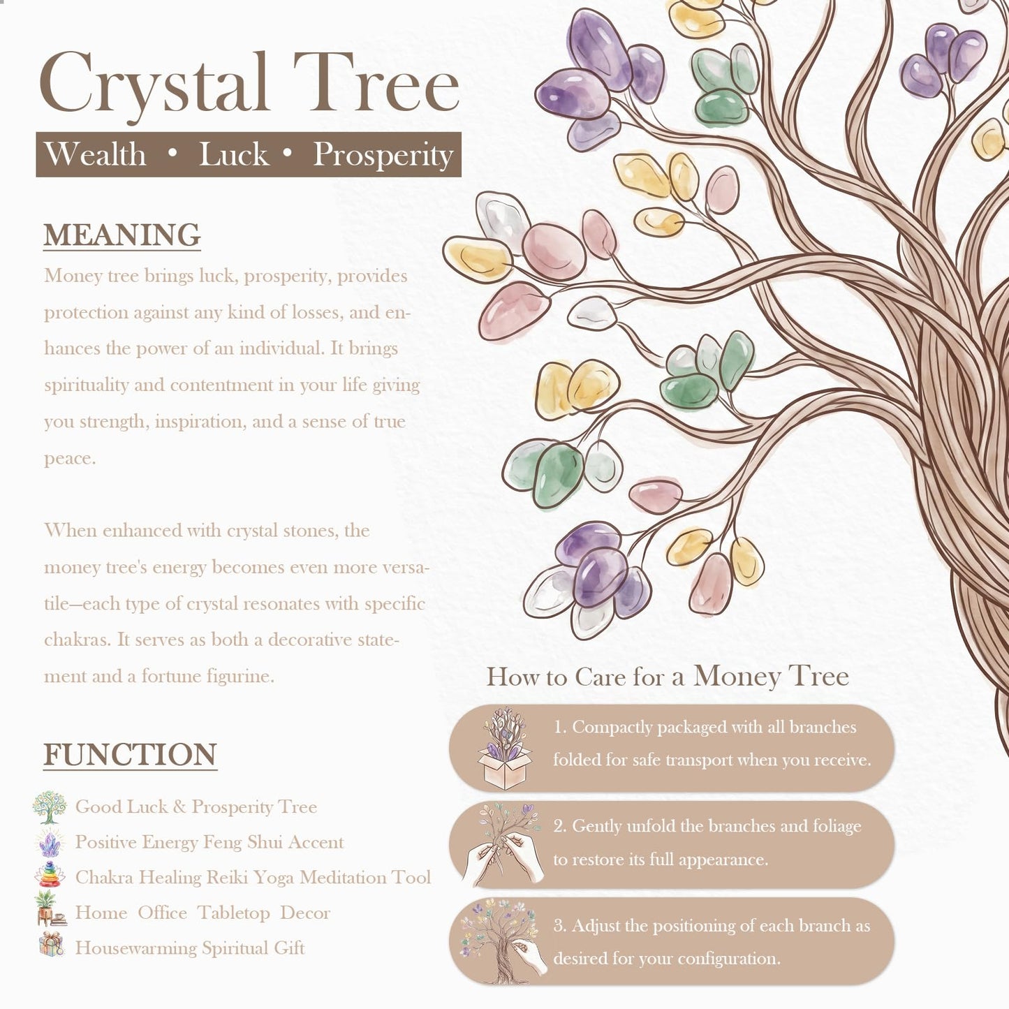Nupuyai Amethyst Crystal Copper Money Tree Desktop Decor with Agate Base Handmade Lace Flower Wealth Crystal Tree Bonsai for Fengshui Good Luck