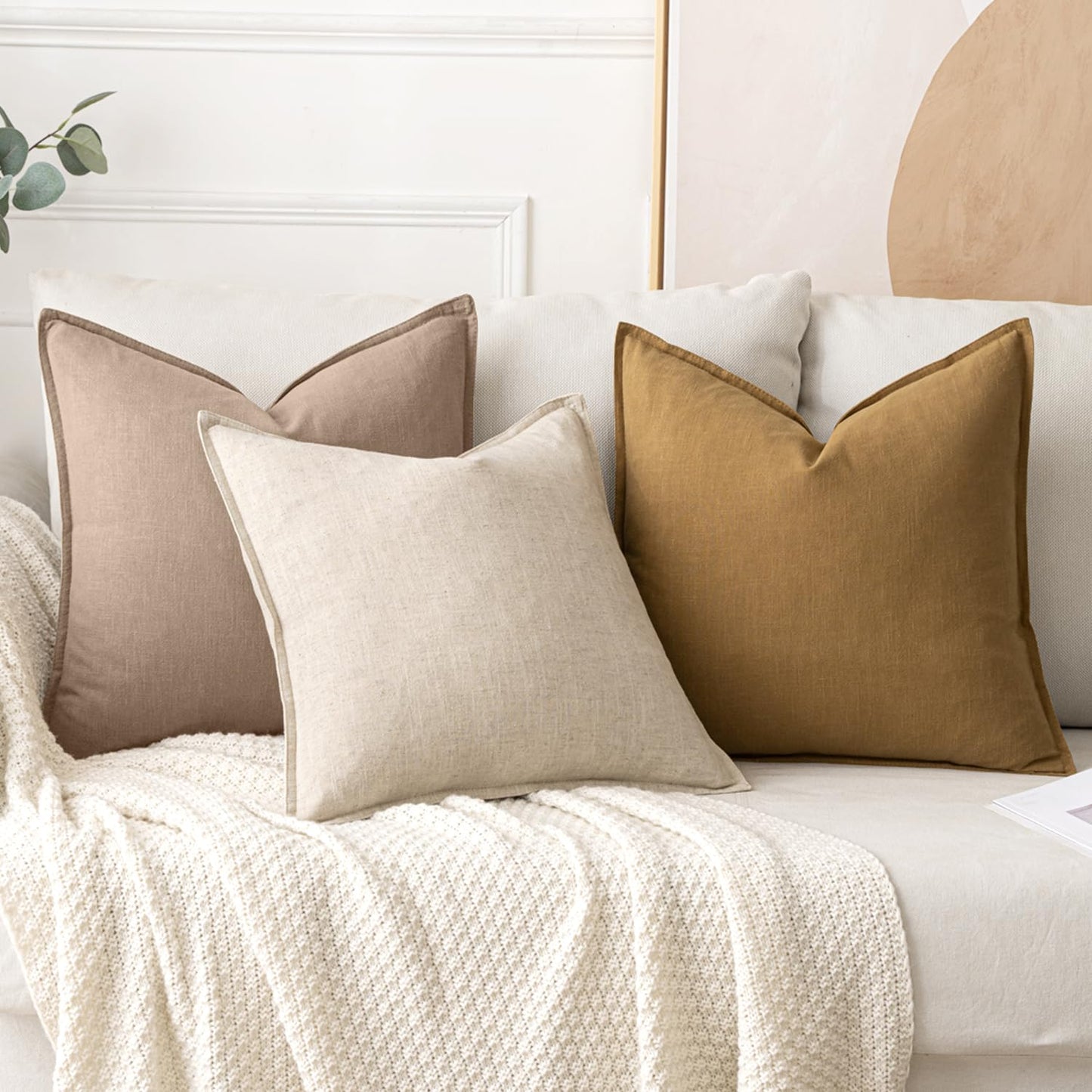 MIULEE Decorative Linen Euro Sham Pillow Covers 24x24 Camel Boho Farmhouse Neutral Couch Throw Pillows for Bed Pack of 2 Accent Modern Pillowcase Sofa Livingroom Home Decor