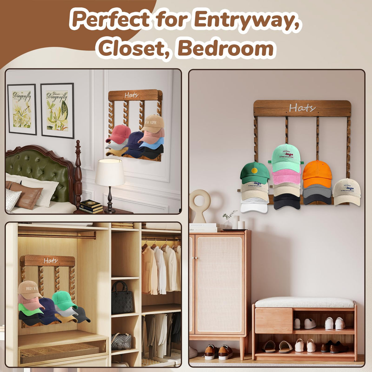 WYJREES Wooden Hat Racks for Baseball Caps, 40-Slot Wall Mount Baseball Cap Rack, Hat Organizer for Display and Storage, Vertical Cap Hanger for Bedroom, Entryway or Closet