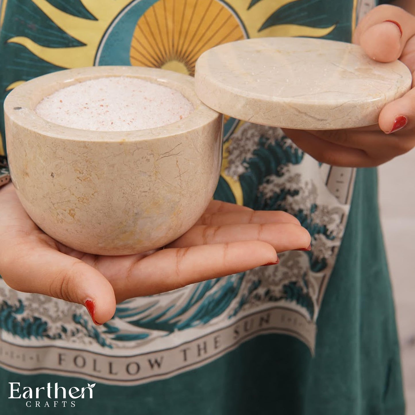 EARTHEN CRAFTS Marble Salt Cellar With Magnetic Closure Lid 4" Inch Salt Box, Salt and Spice Jar Beige Stone Salt Storage Container, Salt Holder, Salt Keeper for Kitchen Countertop, 5.6 OZ