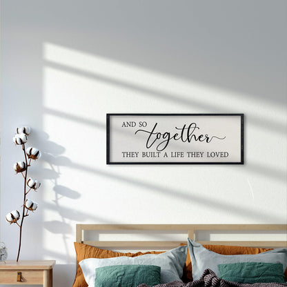 comurdyo Love Quote Wall Art And So Together They Built A Life They Loved Sign 32×12 Inch for Master Bedroom Over the Bed Living Room Farmhouse Rustic Wood Framed Wall Hanging Decor (Black)