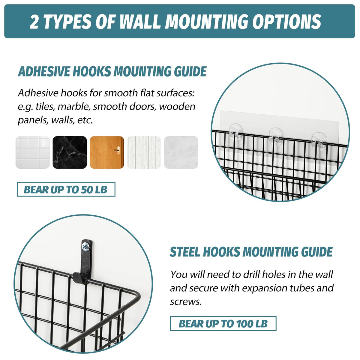 4 Set [EXTRA LARGE] Hanging Wall Mount Storage Baskets with Adhesive Hooks & Steel Hooks, Multiuse Sturdy Wire Metal Organizing Baskets for Home Kitchen Bathroom Pantry Utility Organizer, Black